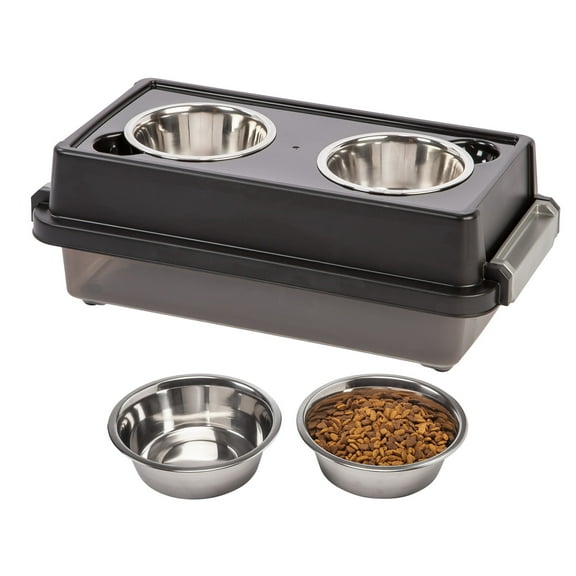 IRIS USA 2-in-1 Elevated Dog Bowls 6" H with Airtight Pet Food Storage Container 5 Lbs, Smoke/Black
