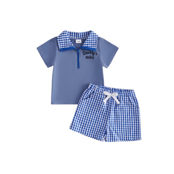 BemeyourBBs Toddler Baby Boys Summer Clothes Baby Boy Fathers Day Outfits Daddy's Mini Letter Embroidery Zipper-Up Short Sleeve T-Shirts Elastic Waist Plaid Shorts 2Pcs Set