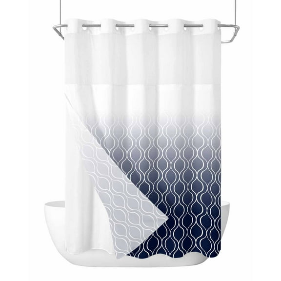 No Hook Cloth Fabric Shower Curtain with Snap in Liner, Morocco Blue Waterproof Shower Curtains Set with See Through Top Window, Gradient Geometric Plaid Modern Lattice Bath Curtains Shower 60"x72"