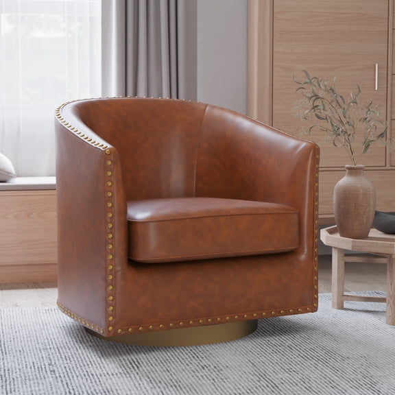 Merrick Lane Ada Faux Leather Upholstered Club Style Barrel Chair with Brass Nail Trim, Sloped Arms, and 360 Degree Swivel Base in a Brushed Gold Vinyl Wrap-Brown