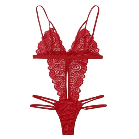

Sngxgn Lingerie for Women Teddy Lingerie Floral Lace One Piece Lingerie Deep V Bodysuit Strappy Lingerie Nightgowns For Women Soft Cotton Red L