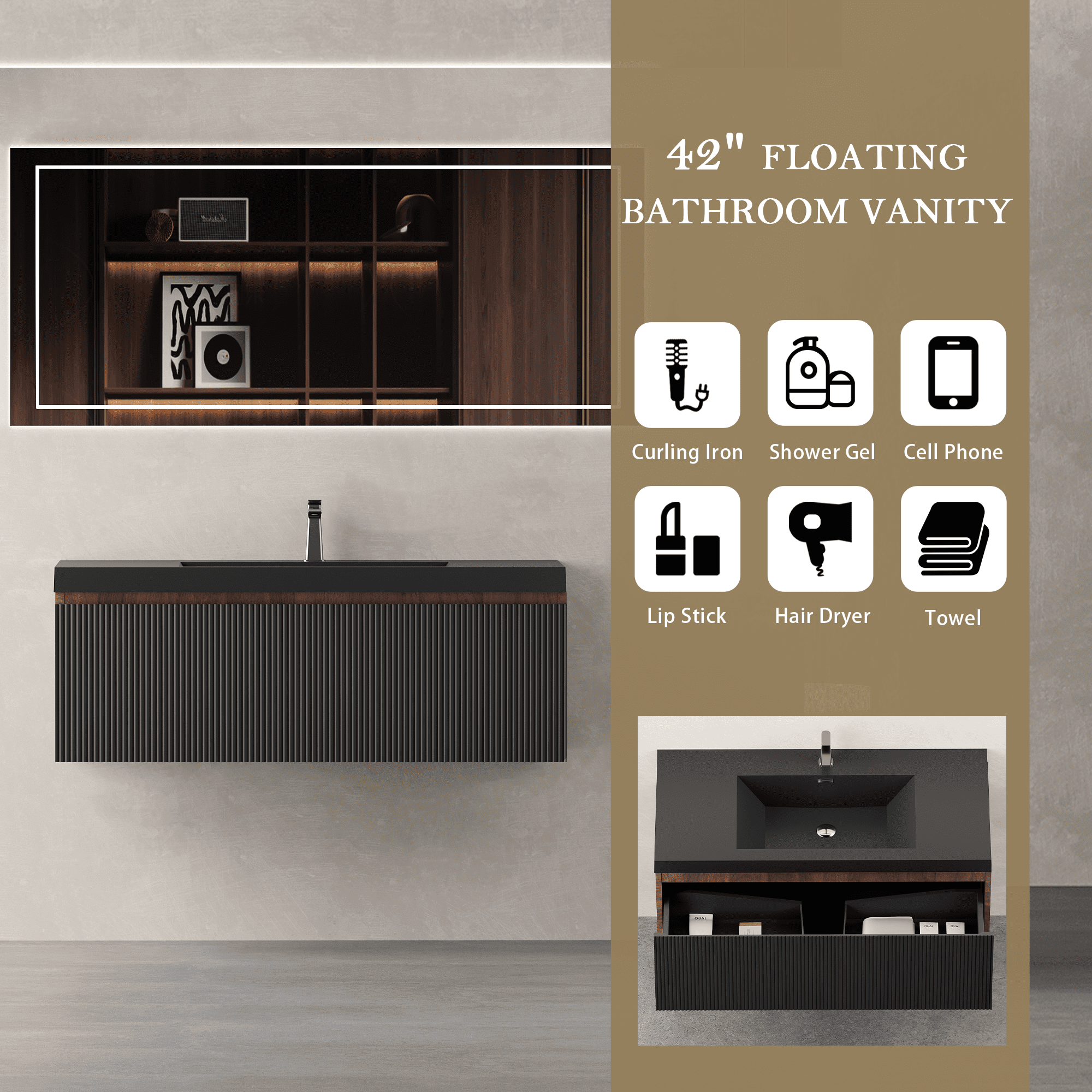 Yoneston 42" Floating Bathroom Vanity, Modern Wood Wall-Mounted Striped Bathroom Storage Cabinet with Soft Close Drawer and Glossy White Solid Surface Basin, Black