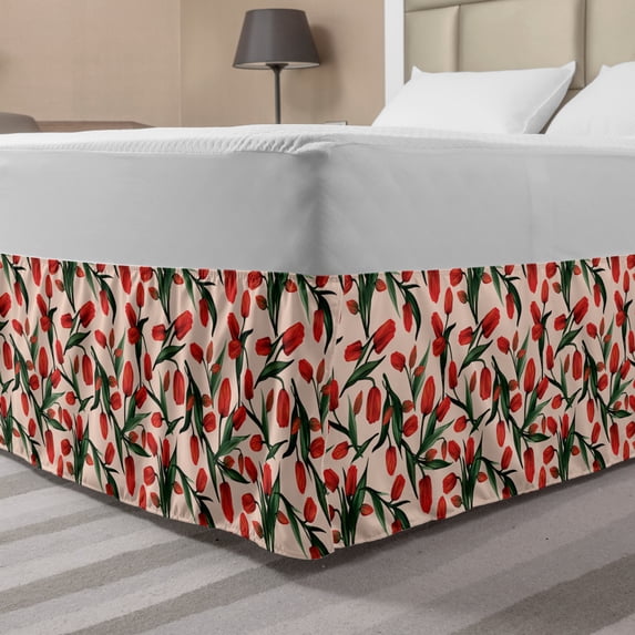 Colorful Bed Skirt, Vermilion Colored Tulip Flowers and Leaves Illustration Art Print, Elastic Bedskirt Dust Ruffle Wrap Around for Bedding Decor, 4 Sizes, Pale Peach and Multicolor, by Ambesonne