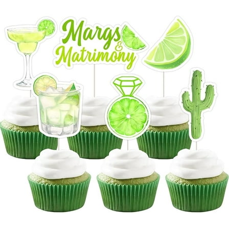 24 Pcs Margs & Matrimony Bachelorette Cupcake Toppers - Green Margarita Bridal Shower Decorations, Margaritas and Matrimony Bridal Shower Cake Decor for Mexican Fiesta Wedding Party