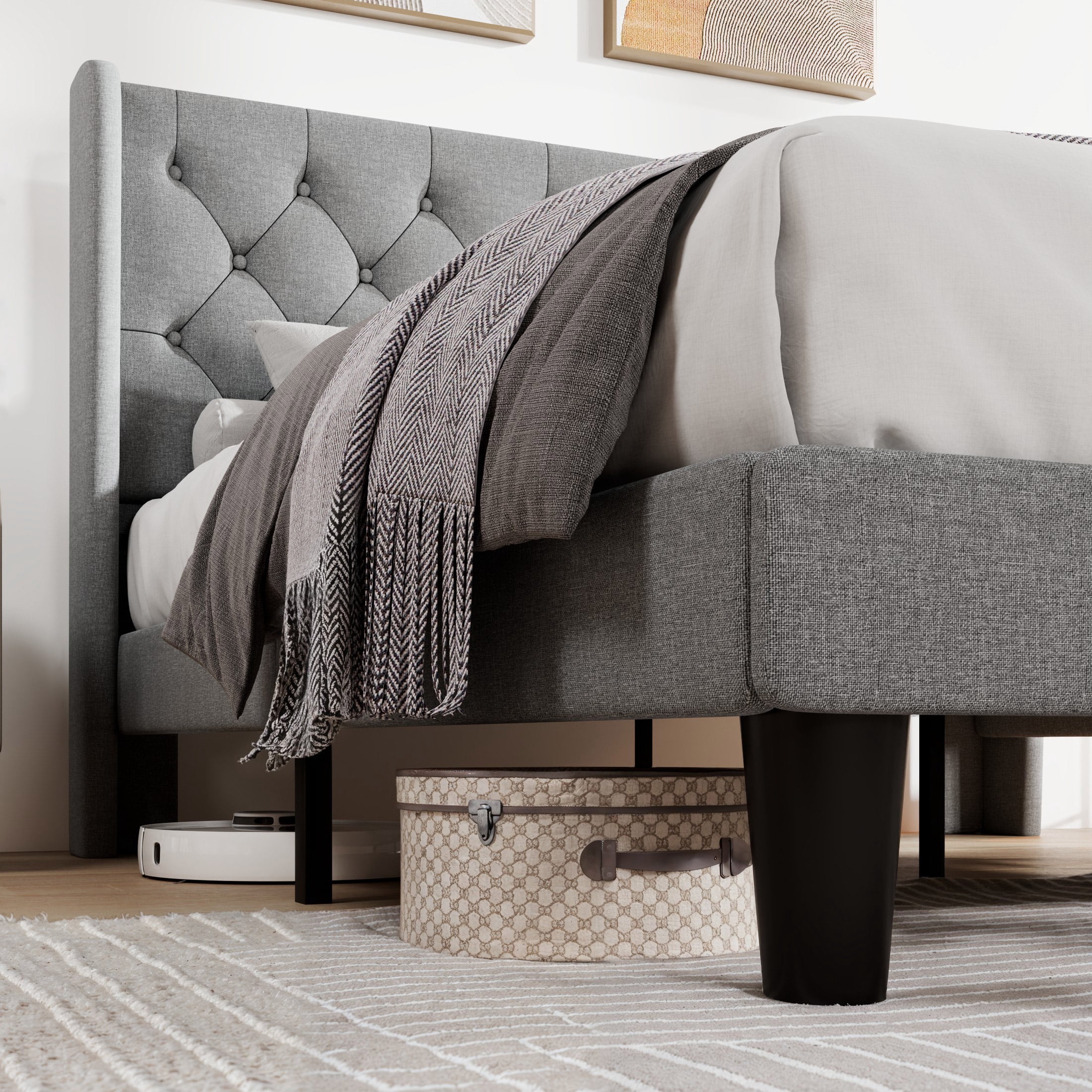Allewie Queen Size Upholstered Platform Bed Frame with Fabric Wingback Button Tufted Headboard, Light Grey