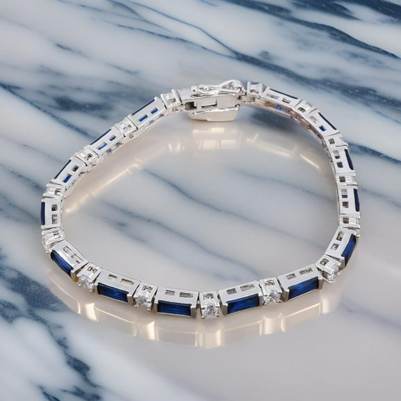 925 Silver Lab sapphire Baguette With White Zircon Tennis Bracelet, Gold Plated sapphire Bracelet,May Birthstone Women Bracelet Gift For Her