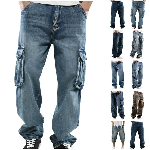 QATAINLAV Men's Baggy Wide Leg Straight Jean Pants Casual Relaxed Fit Hip Hop Trousers Solid Color Denim Trousers with Pockets Y2k Streetwear Light Blue XXXL Lightning Sale