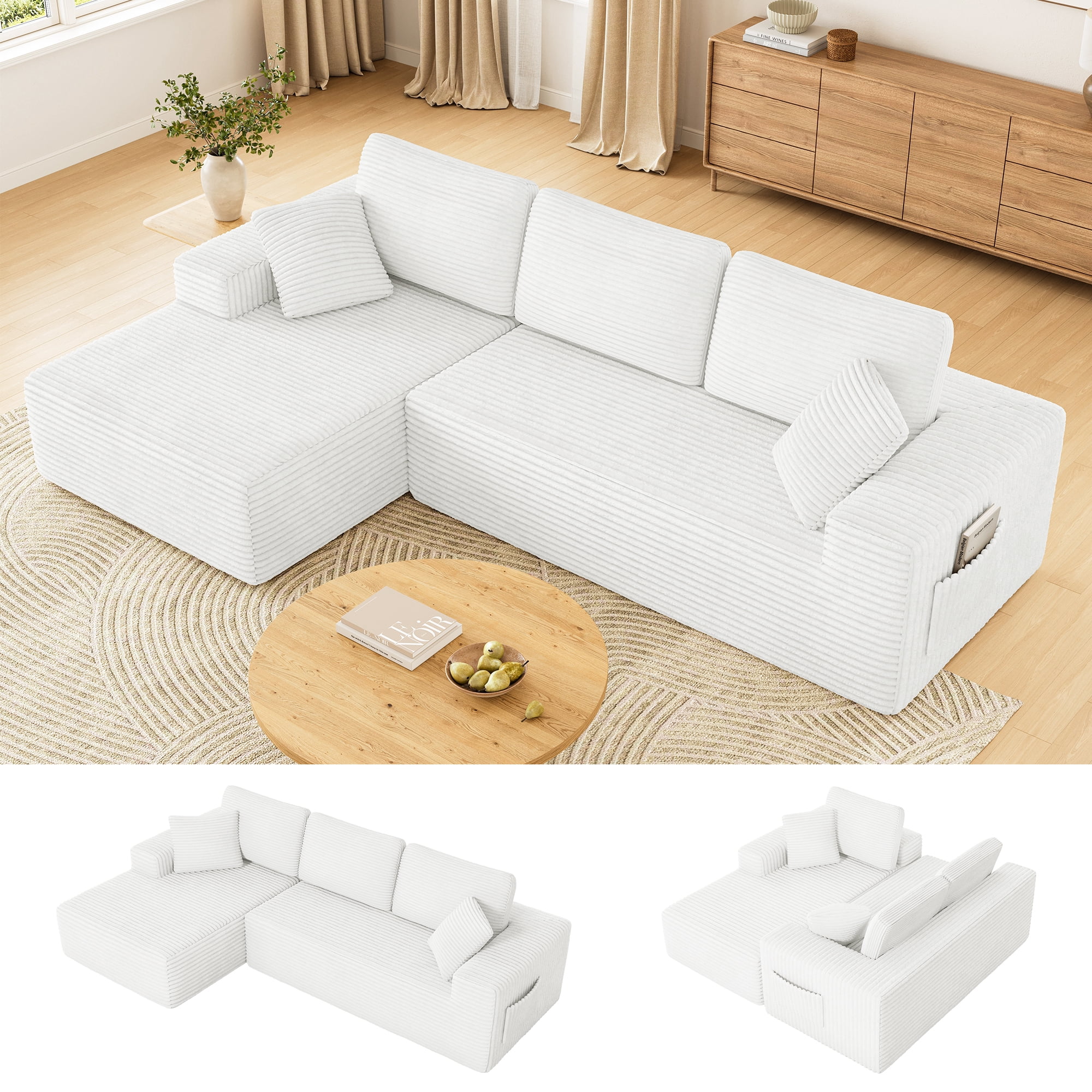 108" Boneless Sofa for Living Room, Neche Modern L-Shaped Corduroy Sectional, Modular Cloud Couch with Deep Seating Upholstered Sofa, Oversized,No Assembly, White