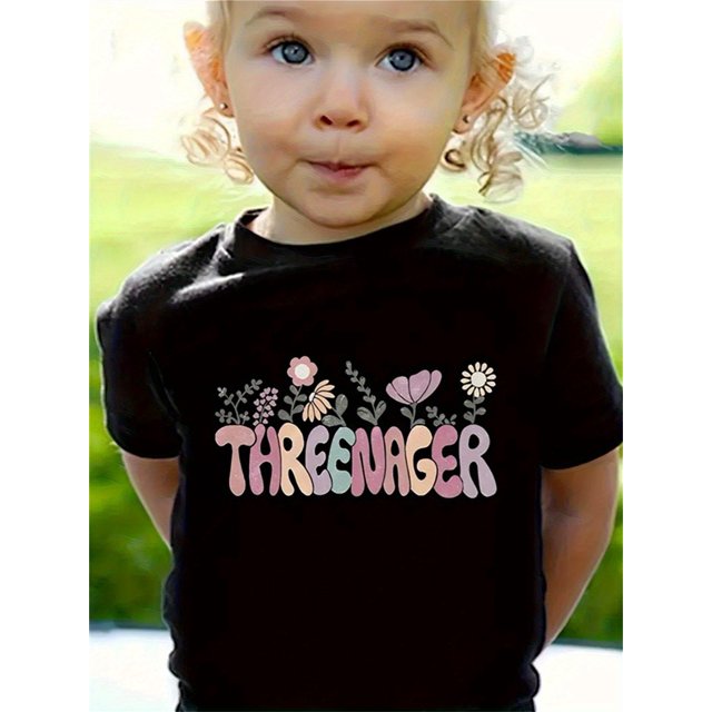 Girl'S Casual Summer T-Shirt - "THREENAGER" Graphic with Floral Design, Black, Soft & Stretchy Knit Top, Round Neck, Casual Wear|Playful Print|Comfortable Fit