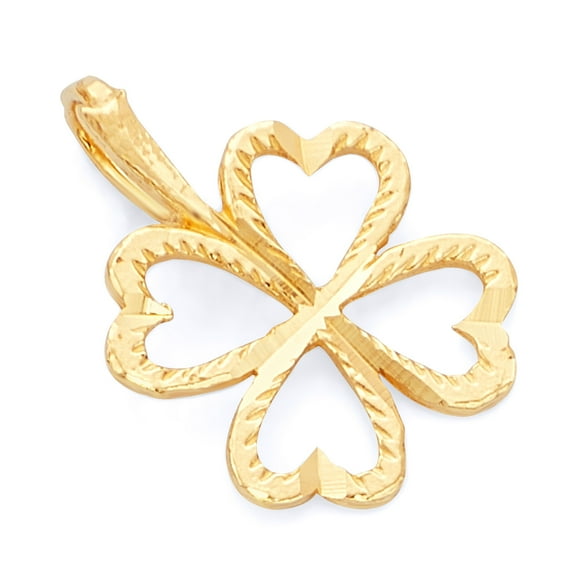 Wellingsale 14K Yellow Gold Polished Ornate Lucky Four Leaf Clover Heart Charm Pendant