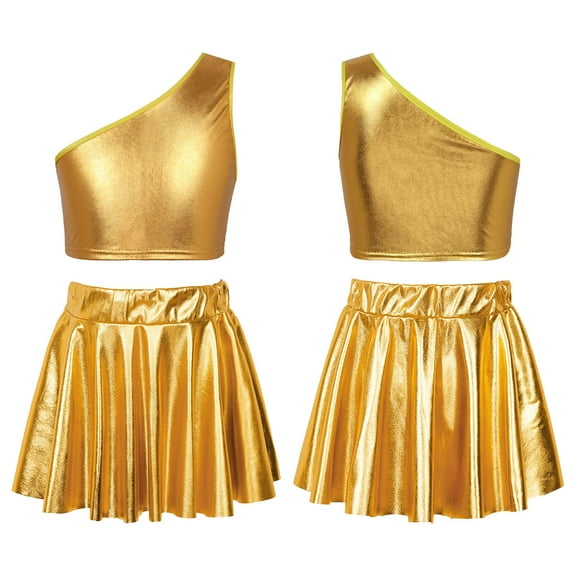 iiniim Girls Cheerleading Costumes Crop Top with Pleated Skirt Shiny Jazz Hip Hop Performance 3-14 A Gold 13-14