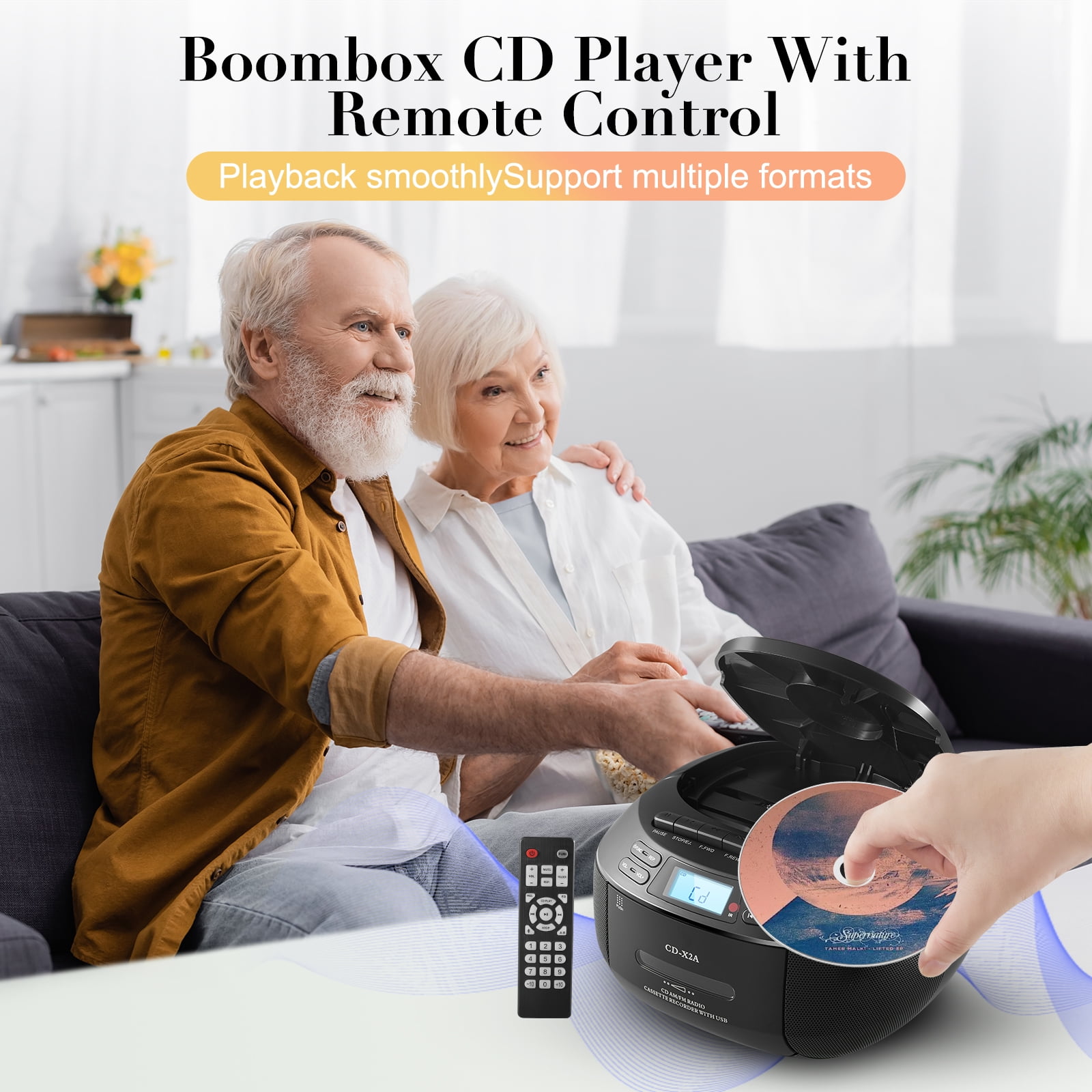 Boombox Cassette CD Player Combo with Bluetooth, AM/FM Radio for Home, Remote Control, Tape Recording, Stereo Sound.