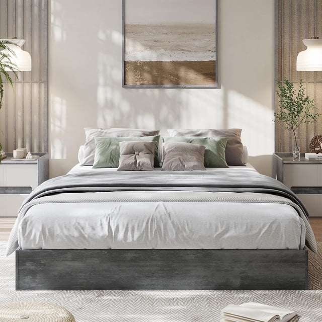 Historyli Cama de plataforma de madera maciza tamaño matrimonial, estructura de cama independiente con listones de madera, no requiere somier, color negro lavado.