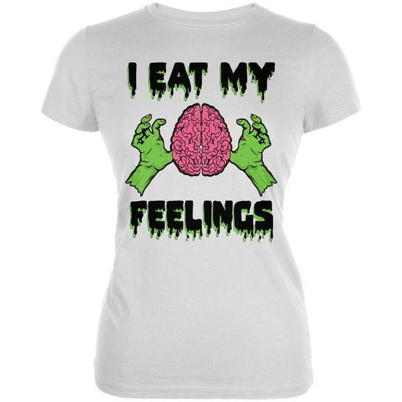 Halloween I Eat My Feelings Zombie Brain Juniors Soft T Shirt White LG