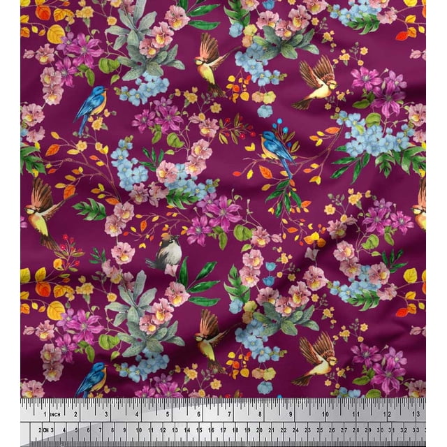 Soimoi Pink Poly Georgette Fabric Floral,American Robin & Bluebird Bird Decor Fabric Printed BTY 52 Inch Wide