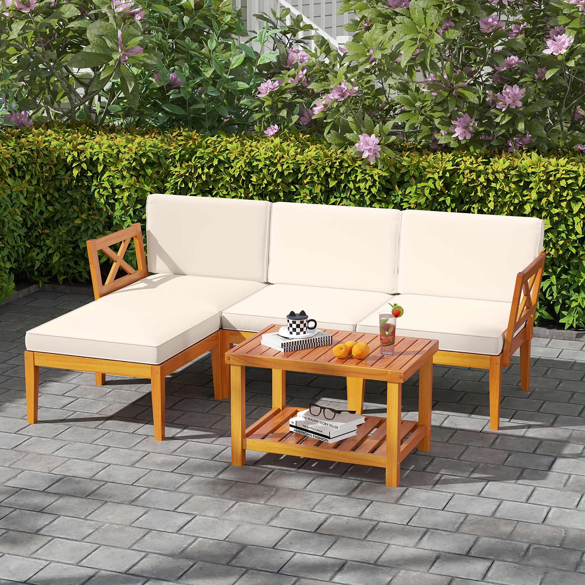 Gymax 5 PCS Acacia Wood Patio Furniture Set w/ 2-Tier Coffee Table and Cushions