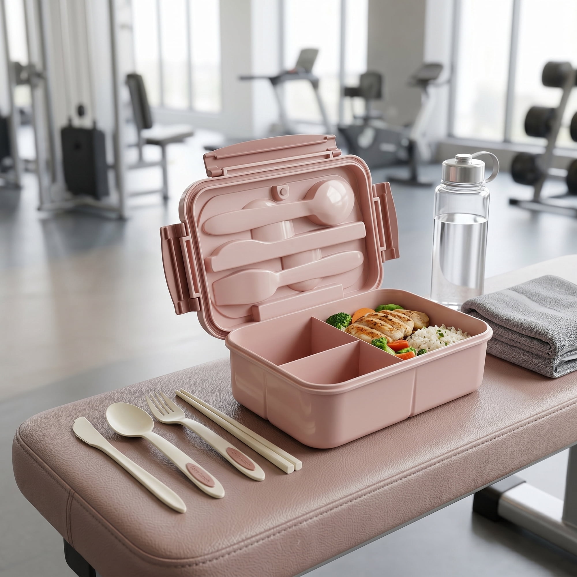 Unique Bargains 3-Compartment Leak-Proof  Lunch Bento Box with Utensils Pink