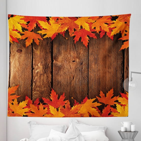 Fall Tapestry, Dry Leaves Poured Onto Wooden Board Cabin Cottage Rustic Country Life Theme Print, Fabric Wall Hanging Decor for Bedroom Living Room Dorm, 5 Sizes, Brown Orange, by Ambesonne