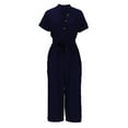 thumbnail image 3 of Lenpel Jumpsuits for Women Short Sleeve V Neck Button Belted Wide Leg Rompers Comfy Casual Overalls with Pockets, 3 of 6