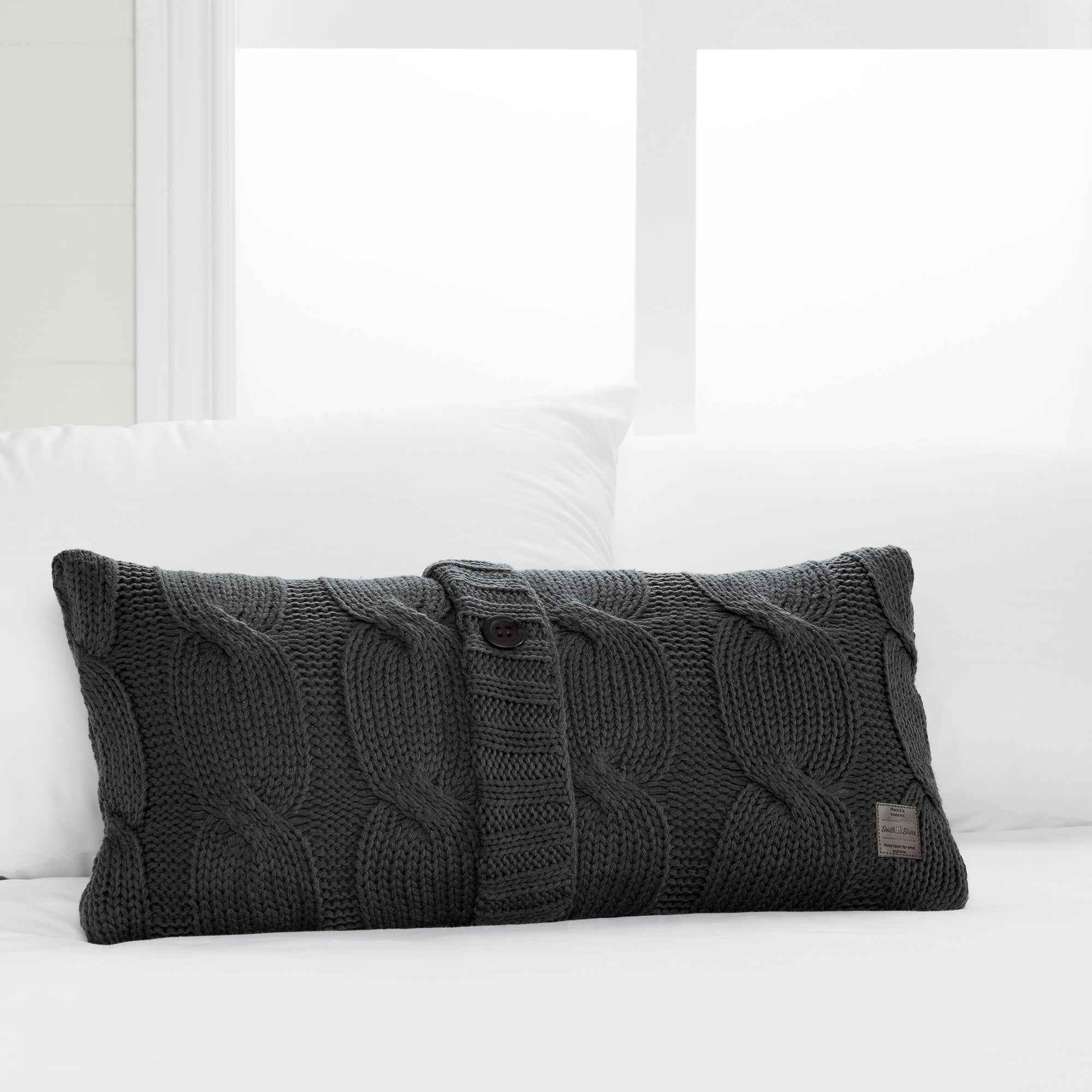 South Shore Lodge Gray CableKnit Throw Pillow with Decorative Button