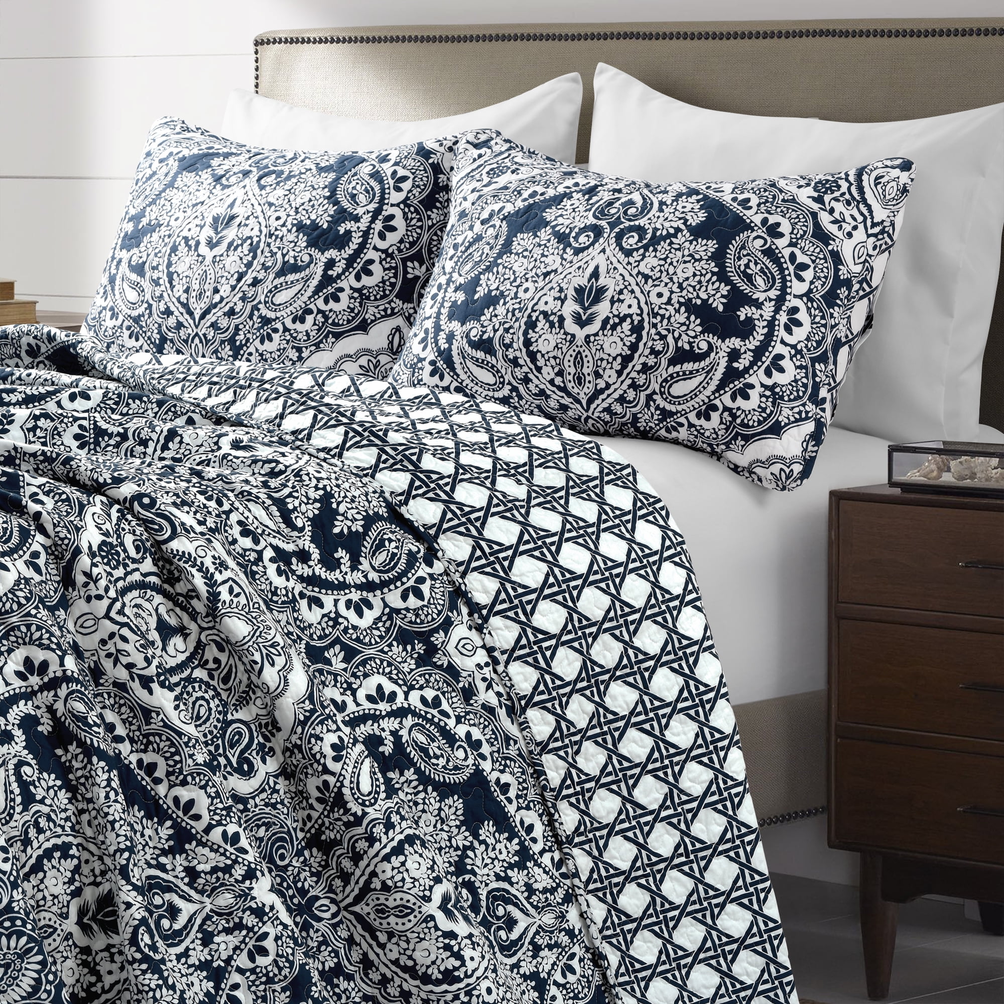 Coverlet Floral Navy & Light-Blue, Queen & Oversized Queen Bed Cover Lightweight & Hypoallergenic & Breathable Mellon Home Decor Hasiel 3 PC Microfiber Reversible Quilt Set as Bedspread