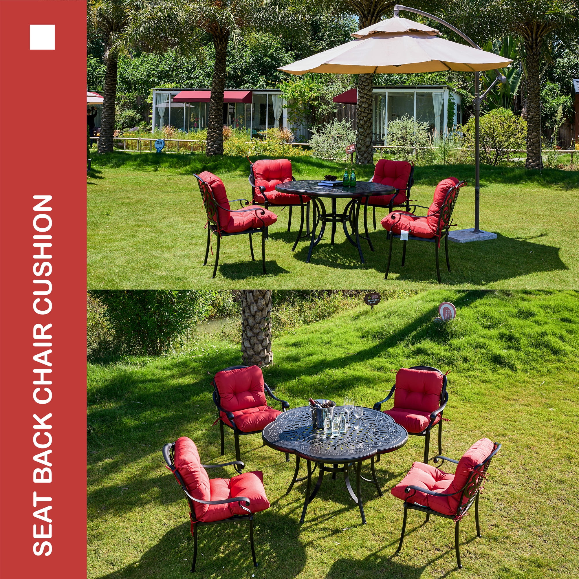 YOOZEKU Outdoor Indoor Seat Back Chair Cushions Set of 4,Waterproof Tufted Lawn Dining Chair Cushions for Patio Furniture with Ties,42x21inch, Red