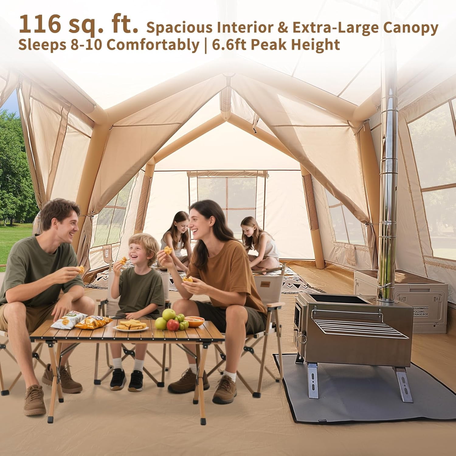 Zikebtuy 2/6/8 Person Inflatable Camping Tent, Easy Setup Blow Up Air Tent with Hand Pump, Waterproof 4-Season Glamping Tent with Large Mesh Windows & Oversized Canopy for Couples, Group & Family