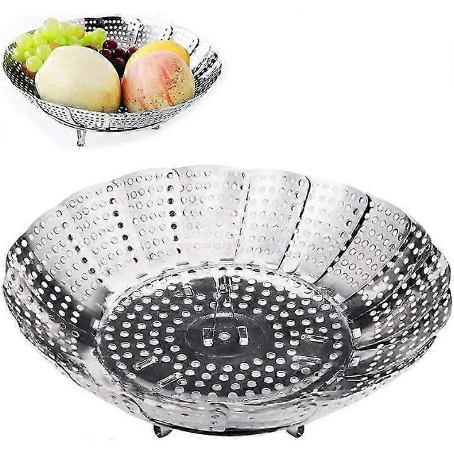 cestas vaporeras plegables para verduras con 4 patas de acero inoxidable de 14 a 23 cm de diámetro para cocinar verduras, alimentos o frutas.