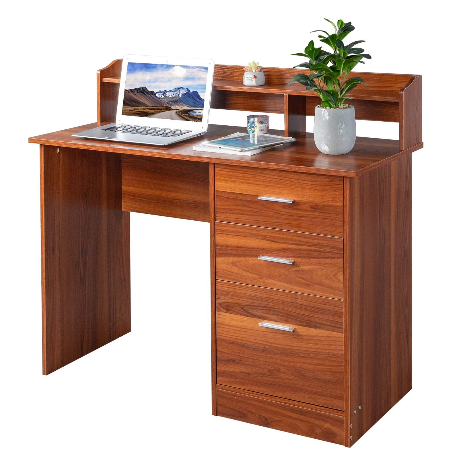 Ktaxon Wood Computer Desk Office Laptop PC Work Table, Writing Desk with 3 Drawers File Cabinet for Letter Size,Wulnut
