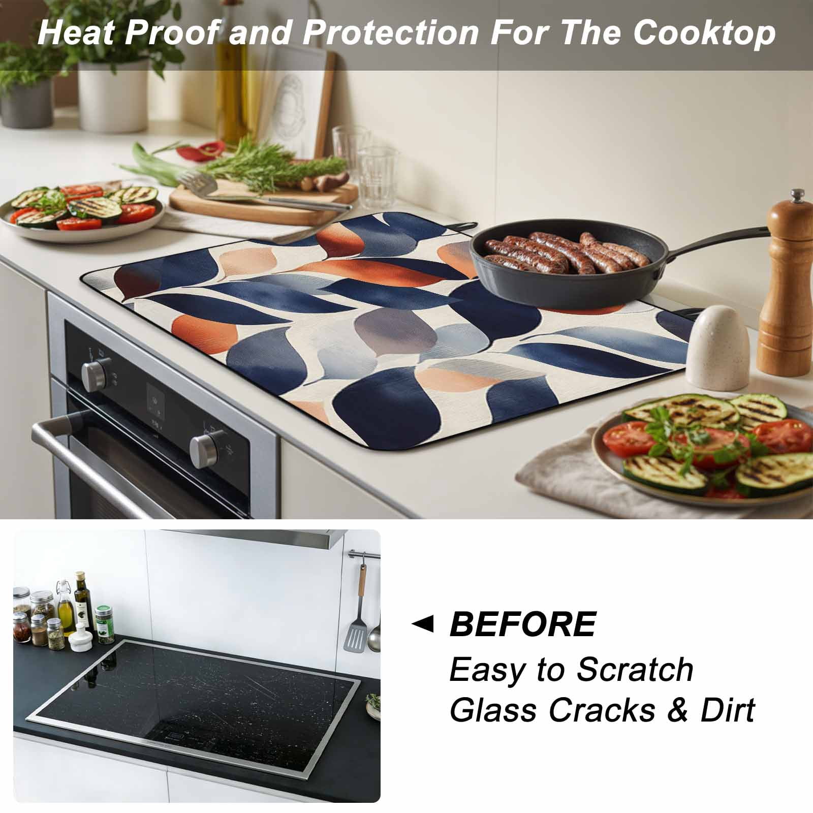Navy Blue Burnt Orange Stove Top Cover for Electric Stove, Heat-proof & Non Slip Glass Top Stove Cover Protector, Botanical Abstract Palm Leaf Kitchen Flat Cooktop Rubber Mat 24x21 Inches