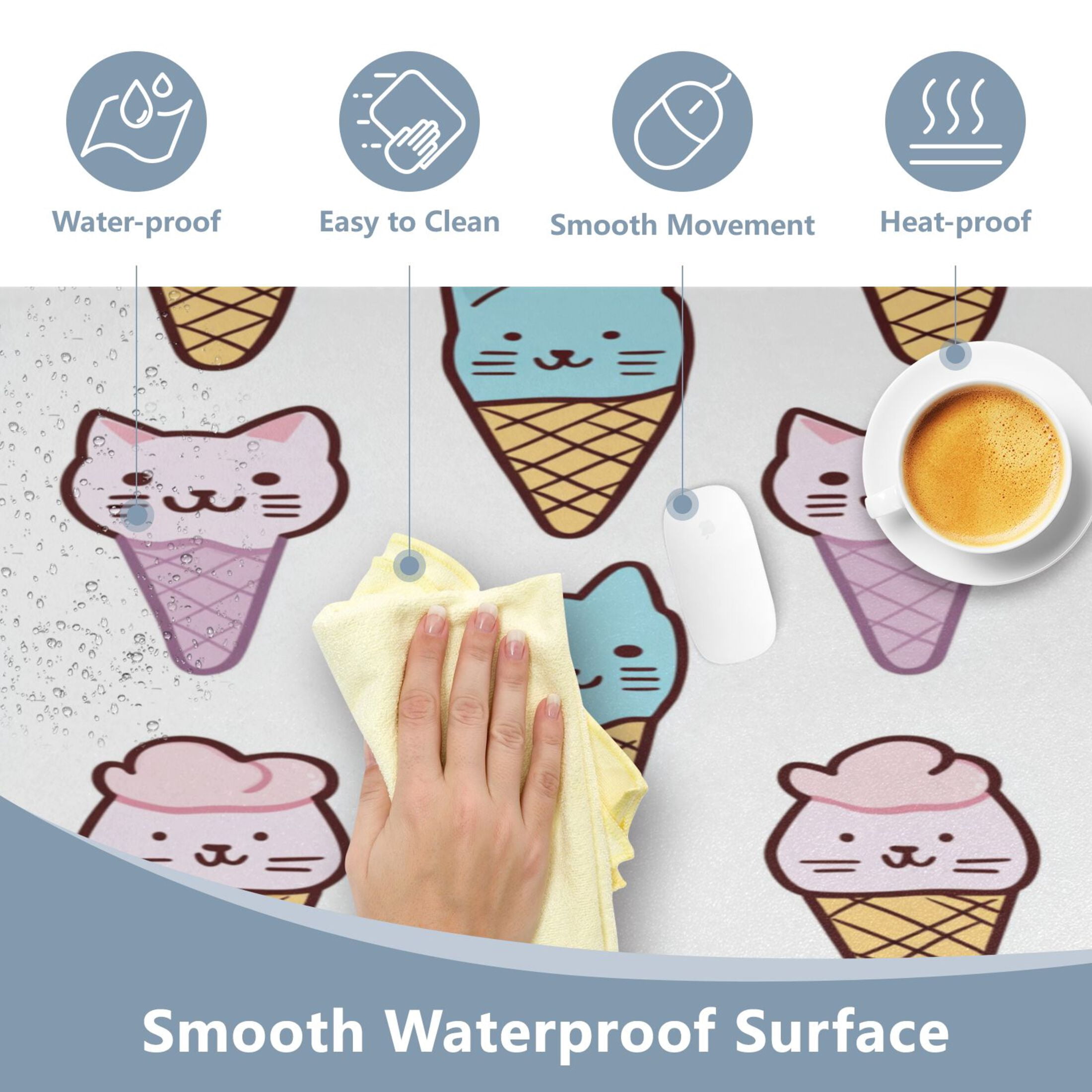 Leather Keyboard and Mouse Desk Mat Office Desk Accessories Protective Office Desk Decor Desk Pad Mat for Gaming, Work from Home, Office Cat Face Ice Cream 16.5" x 35.4"
