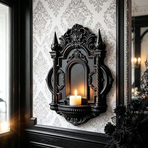 MYUNNIL Gothic Candle Wall Display Shelf Vintage Carved 6 Inch Black Stable Arch Wall-Mount Hanging Decoration for Halloween Bedroom Living Room
