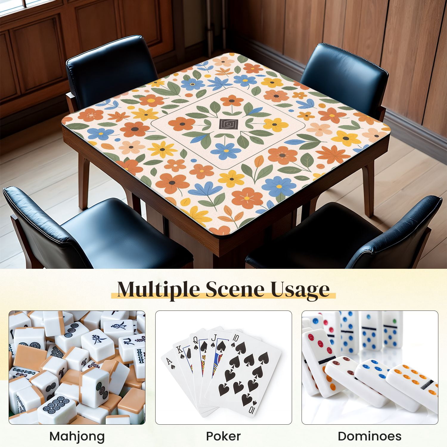 Mahjong Mat 31.5" x 31.5" Floral Orange Blue Yellow Flowers Anti-Slip and Noise Reduction Symmetry Design Mahjong Tiles Table Cover for Dominoes Poker Card Board and Tile Games