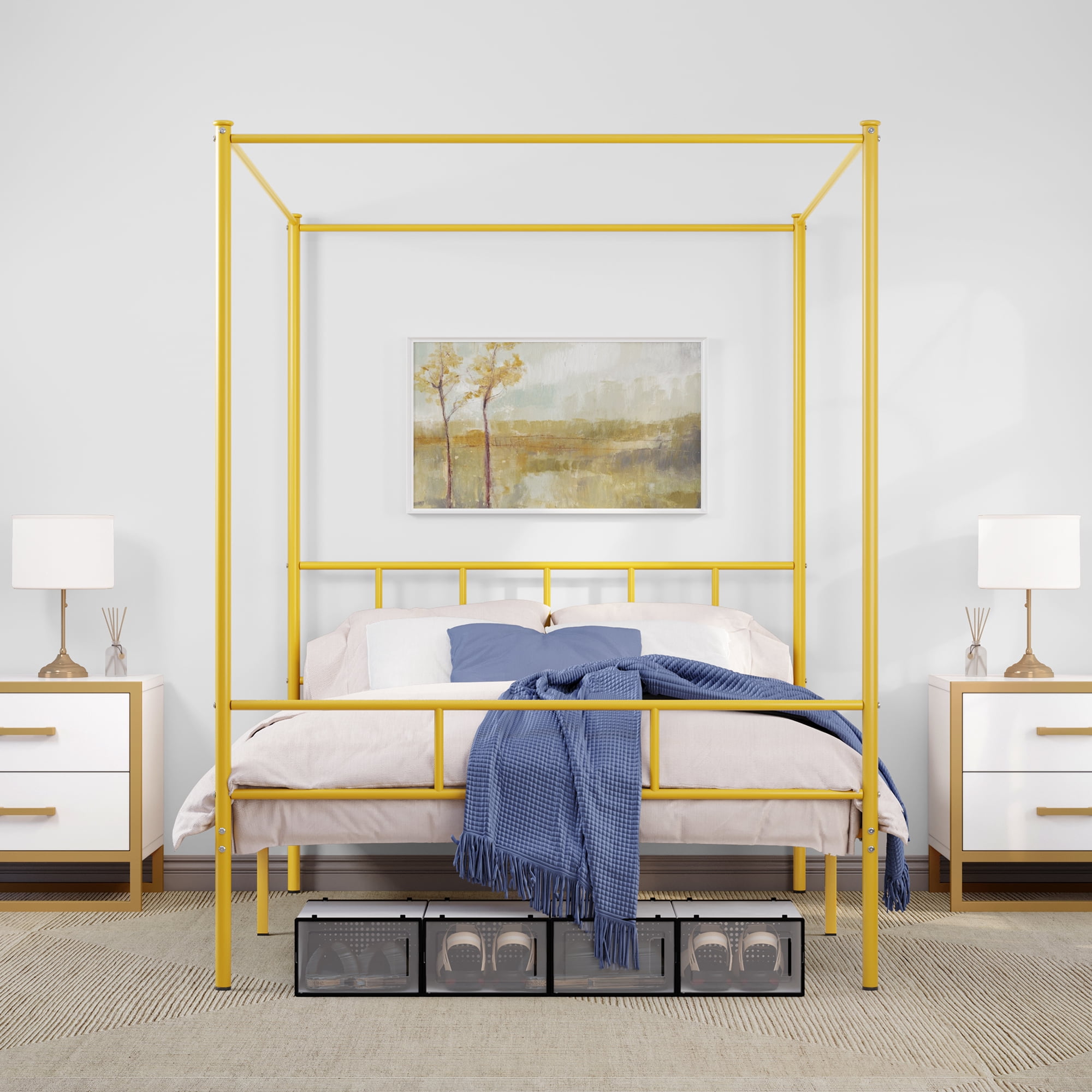 Dextrus Metal Canopy Four Poster Bed Frame , No Box Spring Needed, Gold