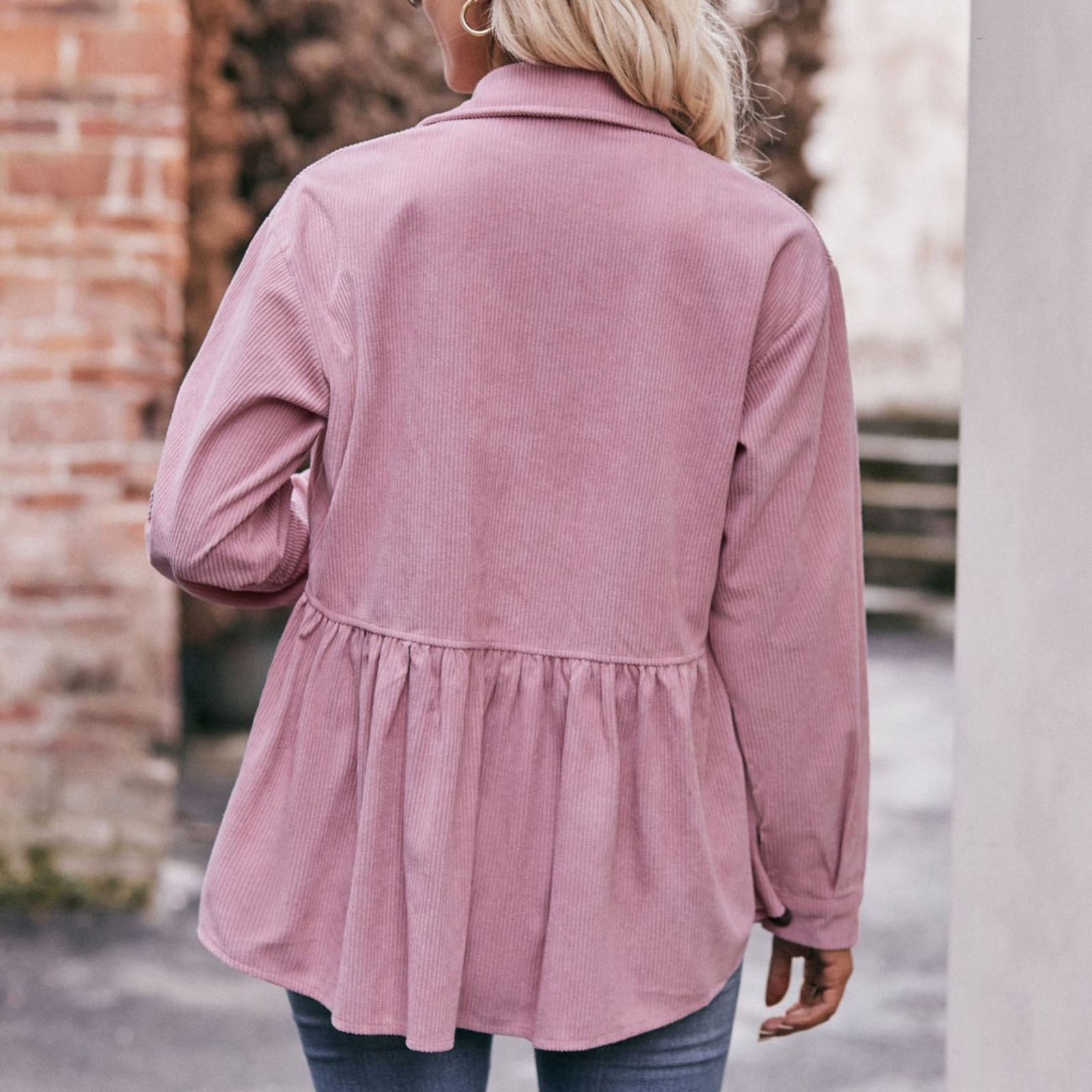 Women Corduroy Peplum Shacket Jacket Long Sleeve Button Down Babydoll Shirts Oversized Casual Collared Blouses Tops Pink L