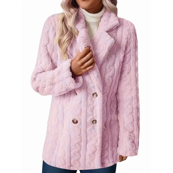 Women'S Plush Coat Comfortable Casual Warm Suit Collar Double-Breasted Mid-Length Coat Pink M
