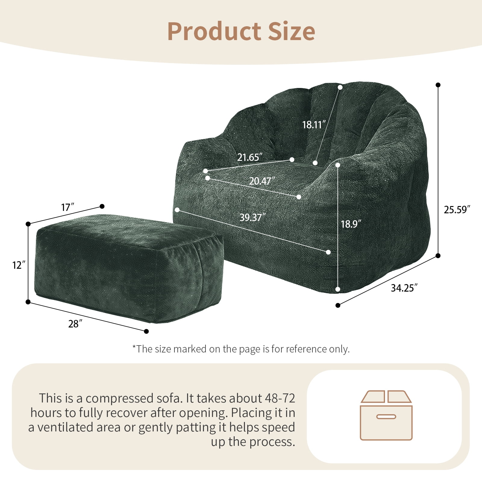 Bean Bag Chair, Lazy Sofa, Armrest Bean Bag with High-Density Memory Foam Fill, Removable Washable Flannelette Cover, No-Assembly Floor Seating for Living Room Bedroom, Green 39.4x34.3x25.6in