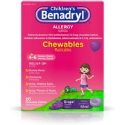 Children's Benadryl Allergy Chewables with Diphenhydramine HCl, Antihistamine Chewable Tablets in Grape Flavor, 20 ct ( Pack of 2)