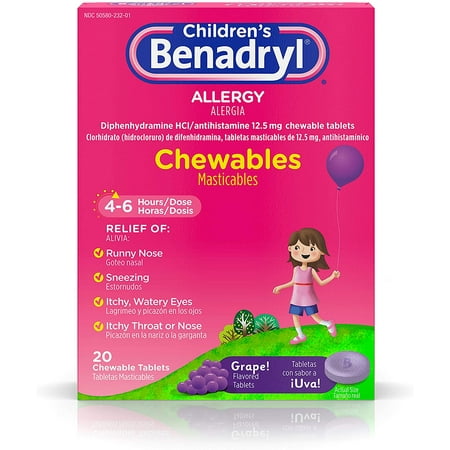 Children's Benadryl Allergy Chewables with Diphenhydramine HCl, Antihistamine Chewable Tablets in Grape Flavor, 20 ct ( Pack of 2)