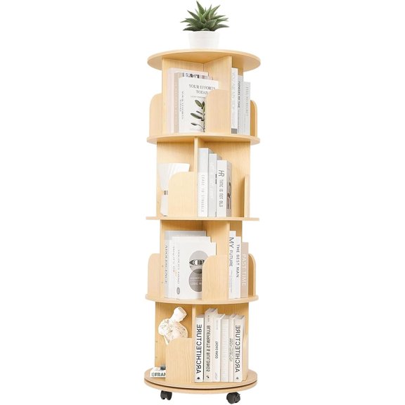 4 Tier Rotating Bookshelf Tower, 360 Display Spinning Book Shelf Floor Standing Bookcase Storage Rack for Kids & Adults Solid Wood Revolving Bookcase Organizer for Corner, Living Room