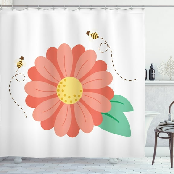 Honey Bee Shower Curtain, Spring Time Blossoming Single Flower Illustration, Fabric Bathroom Set with Hooks, 69W X 84L Inches Extra Long, Burnt Sienna Mustard Umber and Sea Green, by Ambesonne