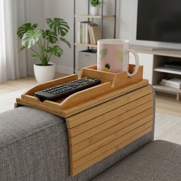 Bamboo Couch Arm Tray with Detachable Cup Holder, Foldable Sofa Armrest Table Tray for Drinks, Coffee Mugs, Cellphone and Remote Organizer