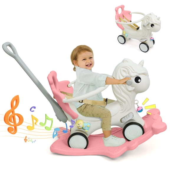 Wdmiya 4 in 1 Rocking Horse for Toddlers 1-3 Years Old, Baby Unicorn Rocking Toy Birthday Gift for Boy and Girl, Ride on Toy with Detachable Balance BoardBalance Bike with Push Handle, Pink