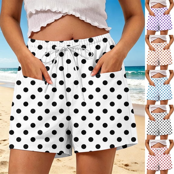 Women's Polka Dot Drawstring Shorts Elastic Waist Casual Beach Shorts with Side Pockets Summer Lightweight Loungewear Black XL(XL)