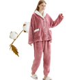 thumbnail image 3 of SWSMCLT Women's Fleece Pajama Set Button Cinch Bottom Cold Weather Loose Nightwear Loungewear Set Chunky Elastic Orange X-Small, 3 of 5
