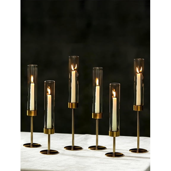 Tall Cylinder Hurricane Candle Holder Set of 6 Brass with Clear Glass