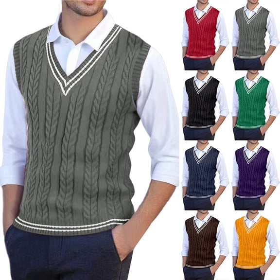 Mens Striped Cable Knit Sweater Vest Warm Winter Soft V Neck Slim Fit Sleeveless School Tops Dark Blue XXL