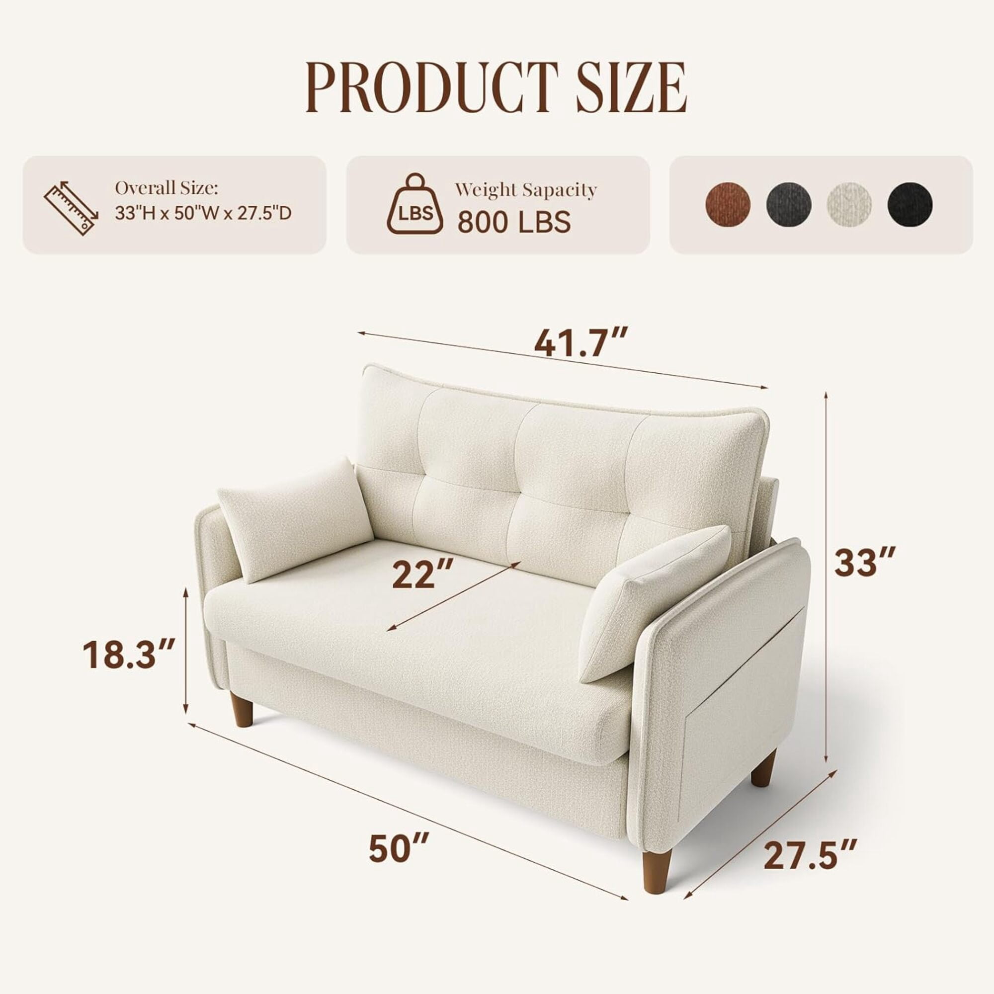 Gacale 50" Loveseat Sofa with Tufted Design, Modern Small Couch for Small Spaces, Compact 2-Seat Fabric Loveseat for Bedroom & Apartment, Beige
