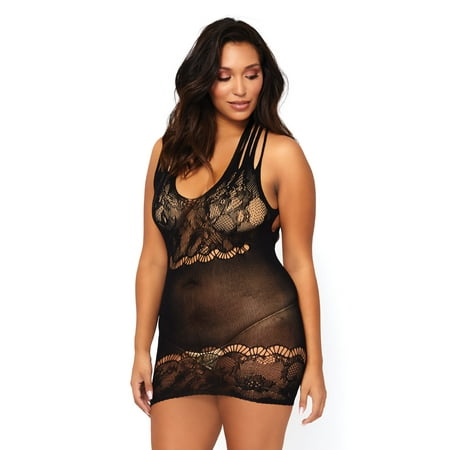Women's Seamless Floral Lace Opaque Mini Dress with Shredded Strap Detail, Black, Plus Size