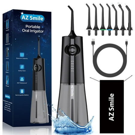 AZSmile Y205 Water Flosser, 8pcs Jet Tips Portable Cordless Dental Oral Irrigator for Teeth Braces Cleaning Hygiene Flossing, 300ml Water Tank, 5 Modes,Black